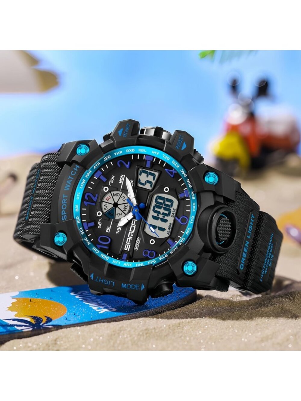 Women's Black Blue Digital LED Light Large Face Analog Multifunctional Watch - Picture 3 of 6